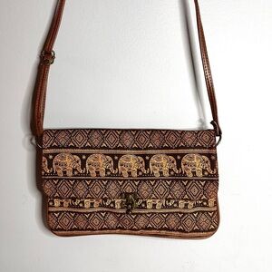 Elephant Print Cross Body Bag, Tote, Shoulder Purse, Brown & Gold, Fancy Clasp